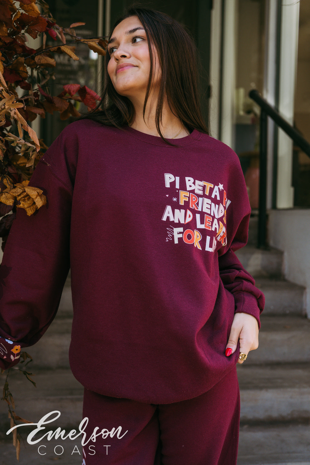 Pi Beta Phi Doodles Maroon Crewneck and Jogger Set