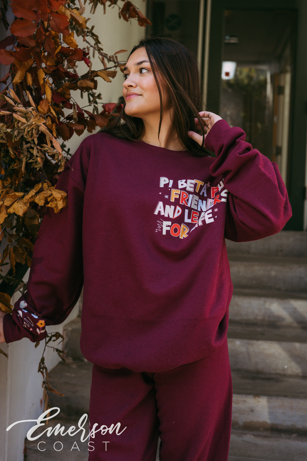 Pi Beta Phi Doodles Maroon Crewneck and Jogger Set