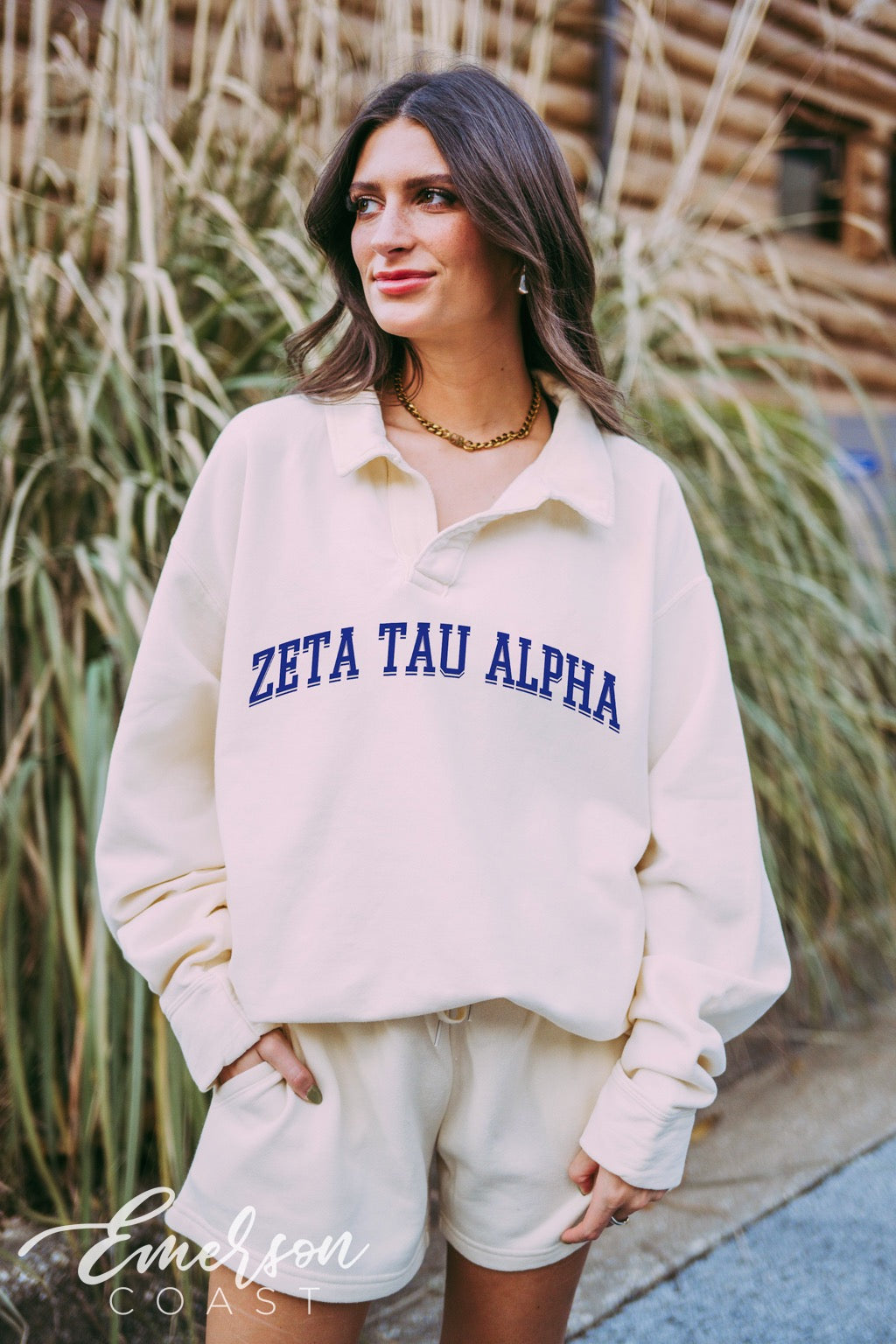 Zeta Arched Letters Oversized Collared Crewneck - Emerson Coast