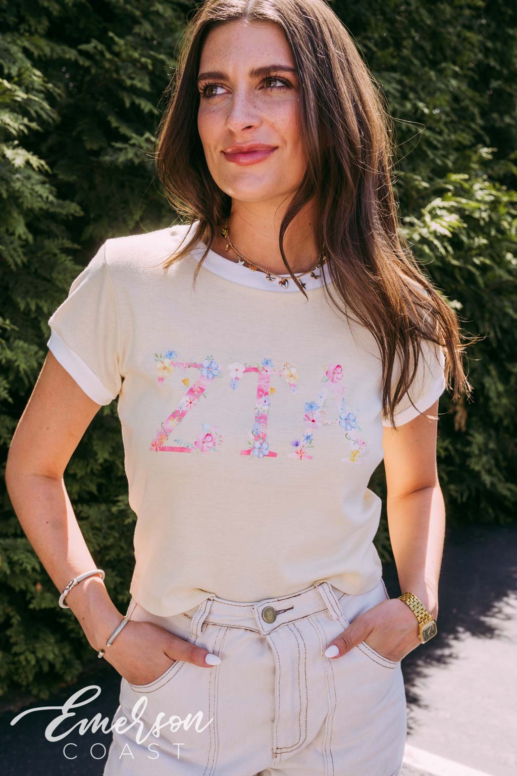 ZTA Floral Letters Cream Baby Ringer Tee